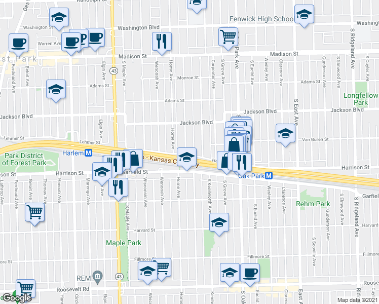 map of restaurants, bars, coffee shops, grocery stores, and more near 850 South Clinton Avenue in Oak Park