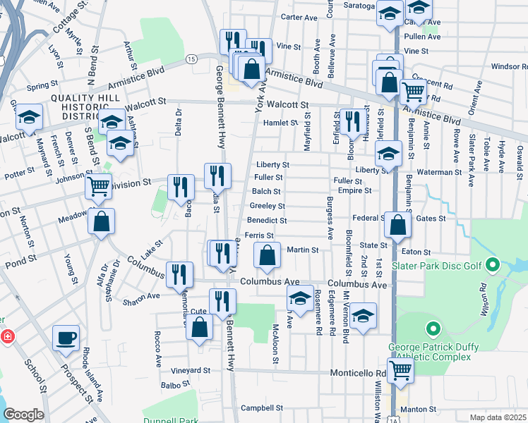 map of restaurants, bars, coffee shops, grocery stores, and more near 60 Greeley Street in Pawtucket