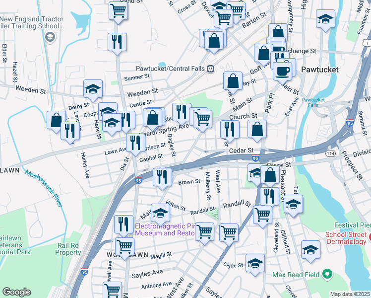 map of restaurants, bars, coffee shops, grocery stores, and more near 146 Harrison Street in Pawtucket