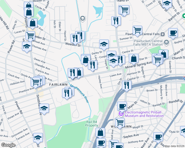 map of restaurants, bars, coffee shops, grocery stores, and more near 459 Mineral Spring Avenue in Pawtucket
