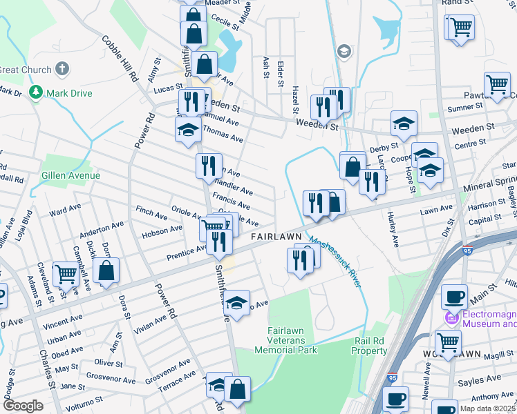 map of restaurants, bars, coffee shops, grocery stores, and more near 5 Chandler Avenue in Pawtucket
