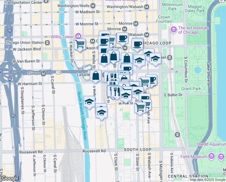 map of restaurants, bars, coffee shops, grocery stores, and more near 619 South LaSalle Street in Chicago