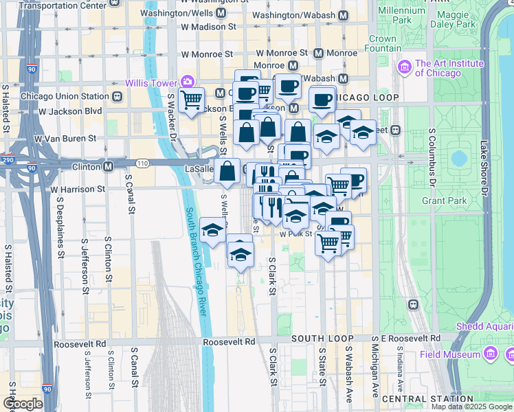 map of restaurants, bars, coffee shops, grocery stores, and more near 619 South LaSalle Street in Chicago