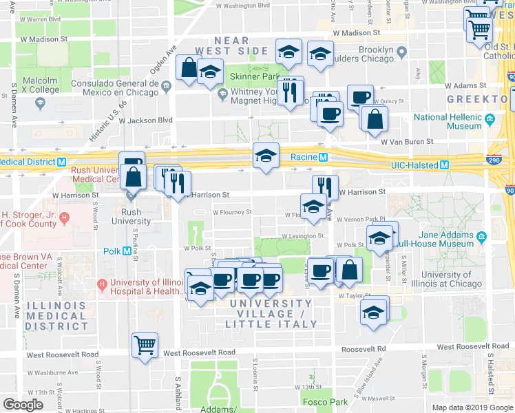 map of restaurants, bars, coffee shops, grocery stores, and more near 601 South Loomis Street in Chicago