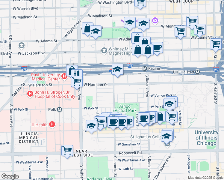 map of restaurants, bars, coffee shops, grocery stores, and more near 601 South Loomis Street in Chicago