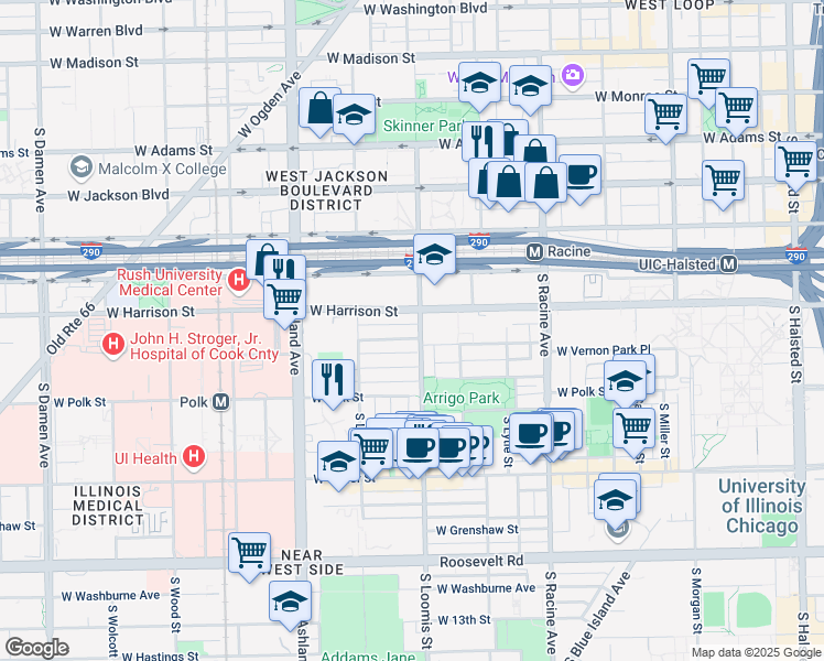 map of restaurants, bars, coffee shops, grocery stores, and more near 601 South Loomis Street in Chicago