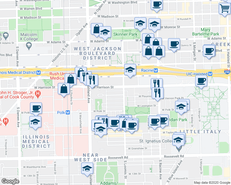 map of restaurants, bars, coffee shops, grocery stores, and more near 1429 West Harrison Street in Chicago