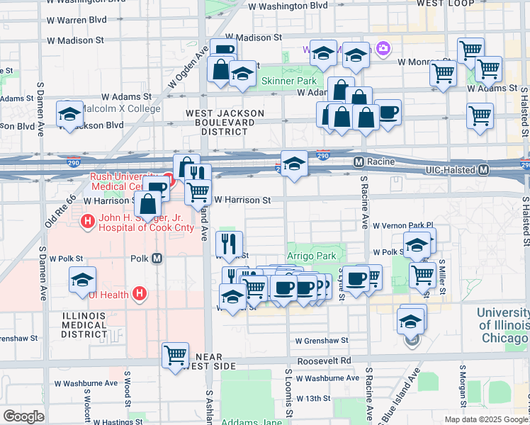 map of restaurants, bars, coffee shops, grocery stores, and more near 1429 West Harrison Street in Chicago