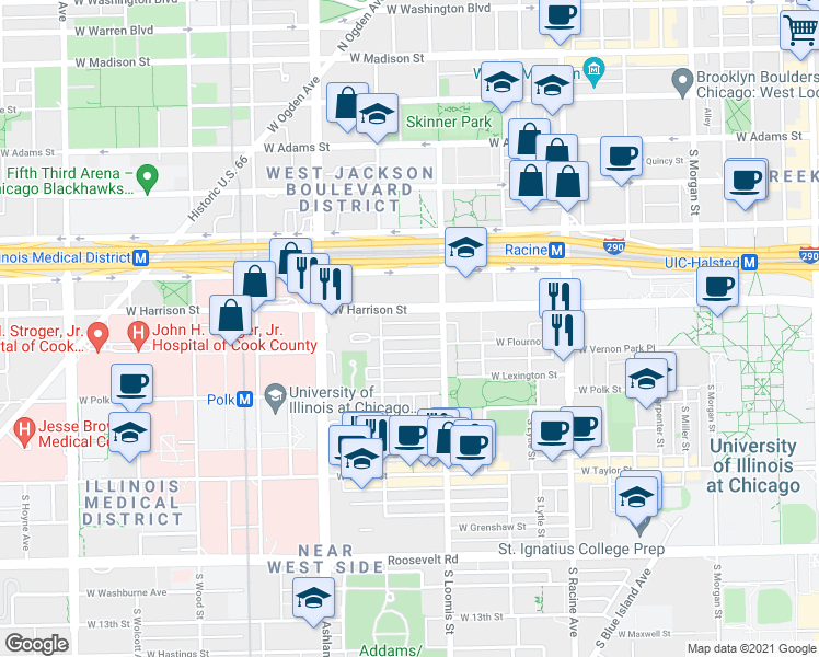 map of restaurants, bars, coffee shops, grocery stores, and more near 1429 West Harrison Street in Chicago