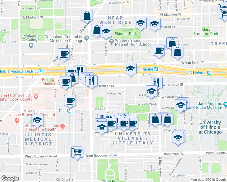map of restaurants, bars, coffee shops, grocery stores, and more near 1429 West Harrison Street in Chicago