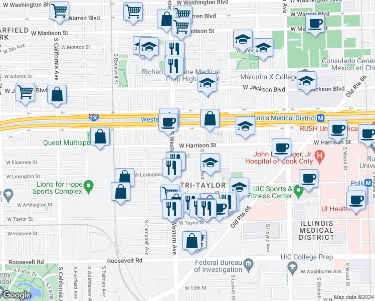 map of restaurants, bars, coffee shops, grocery stores, and more near 2344 West Harrison Street in Chicago