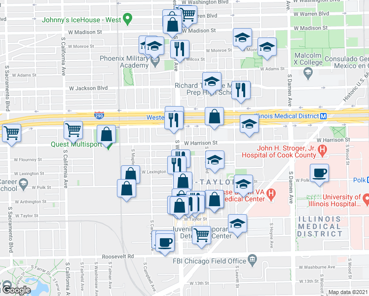 map of restaurants, bars, coffee shops, grocery stores, and more near 2344 West Harrison Street in Chicago