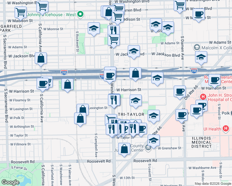 map of restaurants, bars, coffee shops, grocery stores, and more near in Chicago