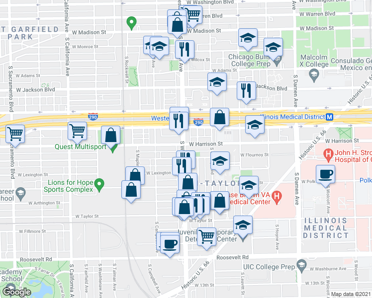 map of restaurants, bars, coffee shops, grocery stores, and more near 2344 West Harrison Street in Chicago