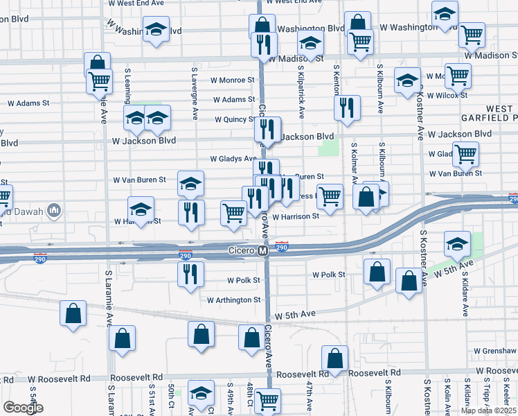 map of restaurants, bars, coffee shops, grocery stores, and more near 4807 West Congress Parkway in Chicago