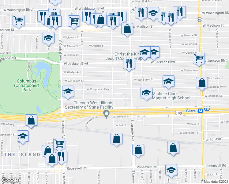 map of restaurants, bars, coffee shops, grocery stores, and more near 5300 West Congress Parkway in Chicago