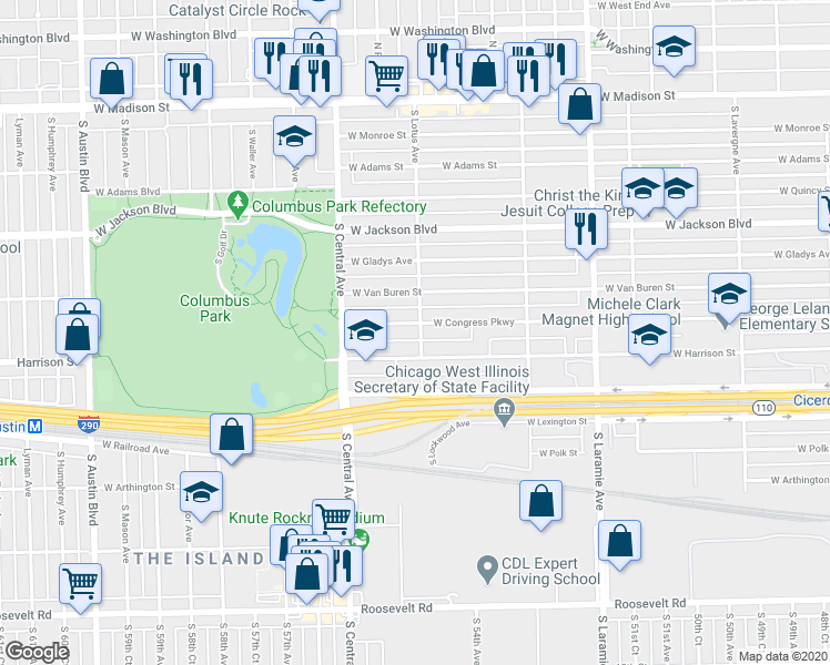 map of restaurants, bars, coffee shops, grocery stores, and more near 5508 West Congress Parkway in Chicago