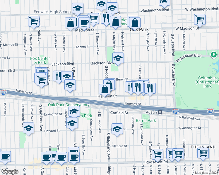 map of restaurants, bars, coffee shops, grocery stores, and more near 811 South Ridgeland Avenue in Oak Park