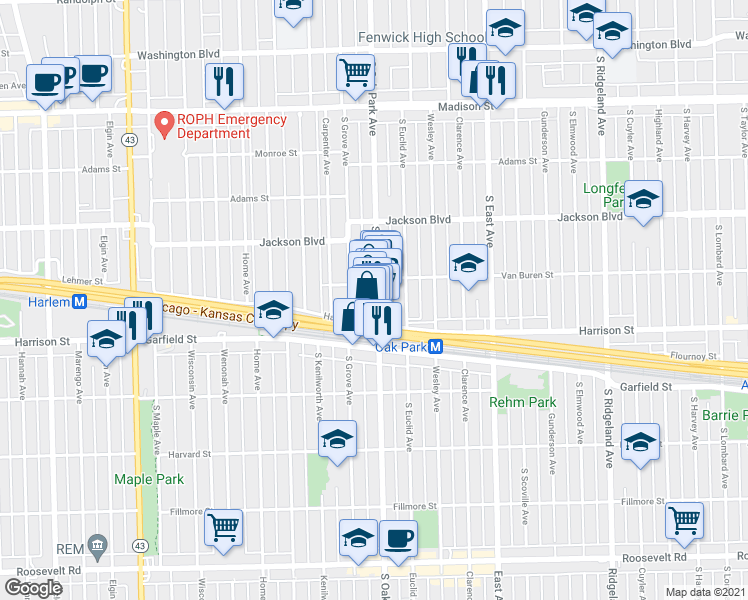 map of restaurants, bars, coffee shops, grocery stores, and more near 801 South Euclid Avenue in Oak Park