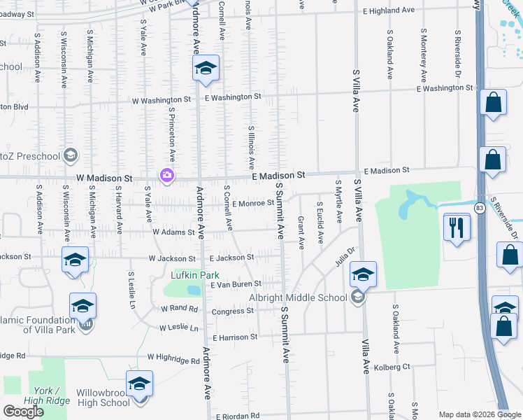 map of restaurants, bars, coffee shops, grocery stores, and more near 13O East Monroe Street in Villa Park