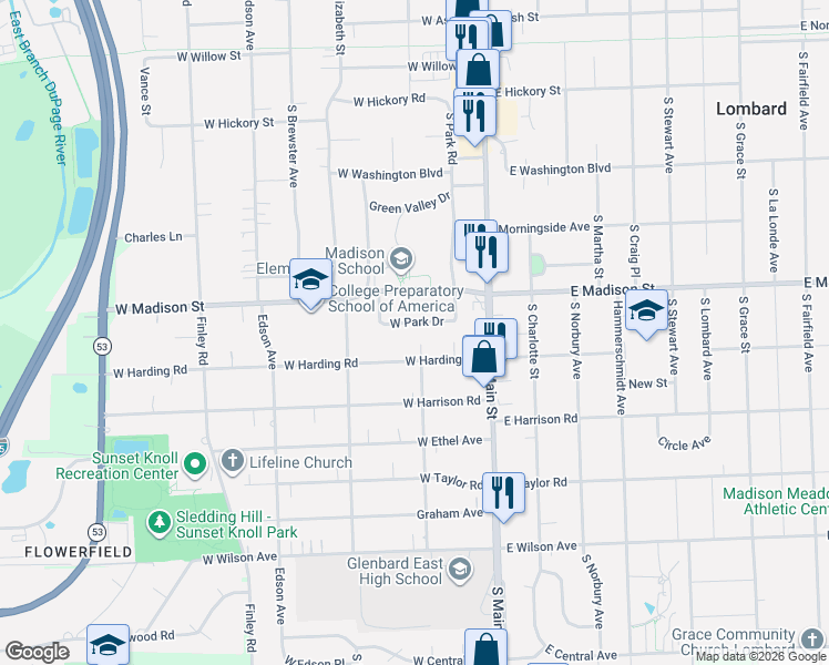 map of restaurants, bars, coffee shops, grocery stores, and more near 144 West Park Drive in Lombard