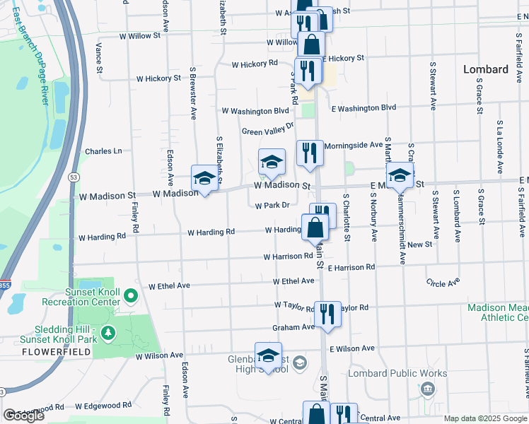 map of restaurants, bars, coffee shops, grocery stores, and more near 144 West Park Drive in Lombard