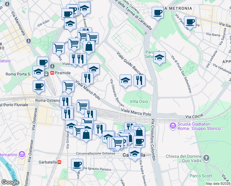 map of restaurants, bars, coffee shops, grocery stores, and more near 43 Via Odoardo Beccari in Roma