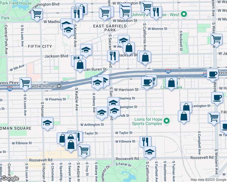 map of restaurants, bars, coffee shops, grocery stores, and more near 2950 West Harrison Street in Chicago