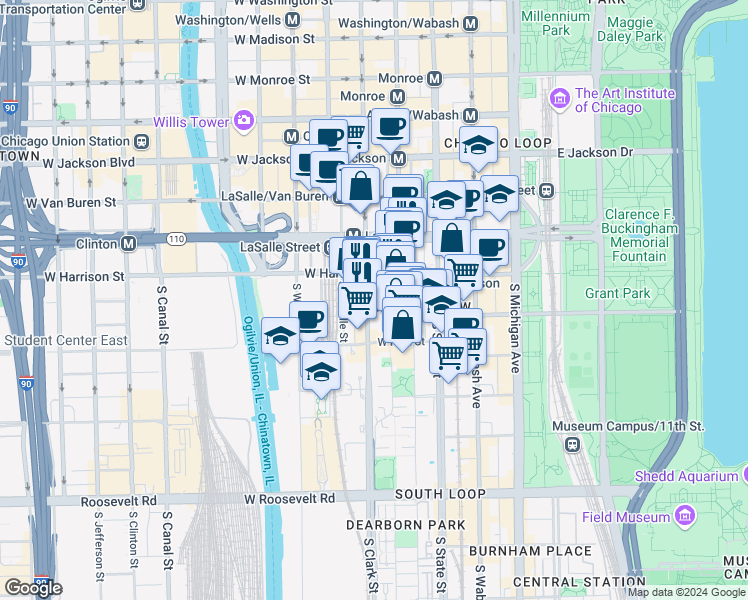 map of restaurants, bars, coffee shops, grocery stores, and more near 645 South Clark Street in Chicago