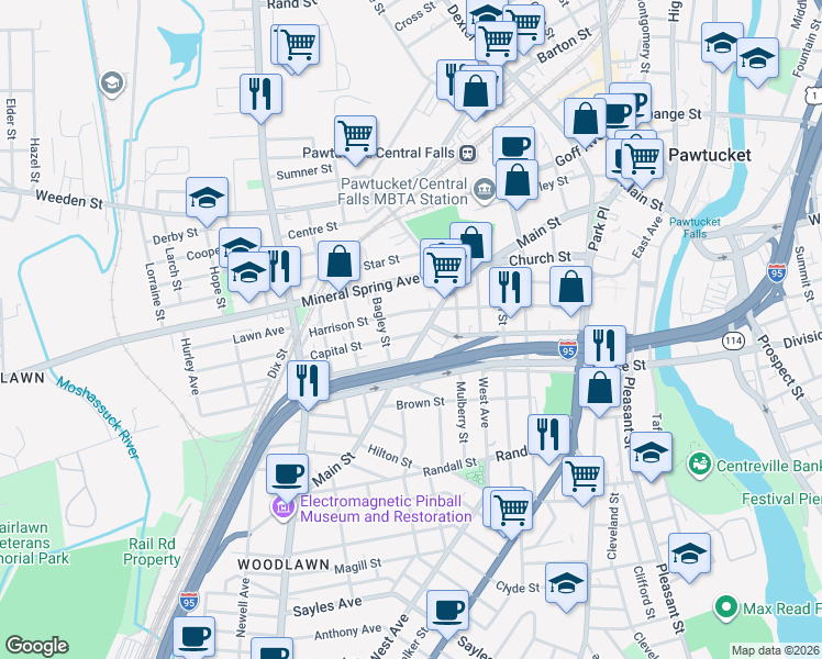 map of restaurants, bars, coffee shops, grocery stores, and more near 11 Capital Street in Pawtucket