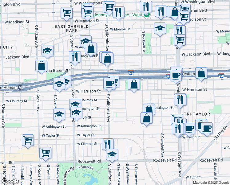 map of restaurants, bars, coffee shops, grocery stores, and more near 2720 West Harrison Street in Chicago