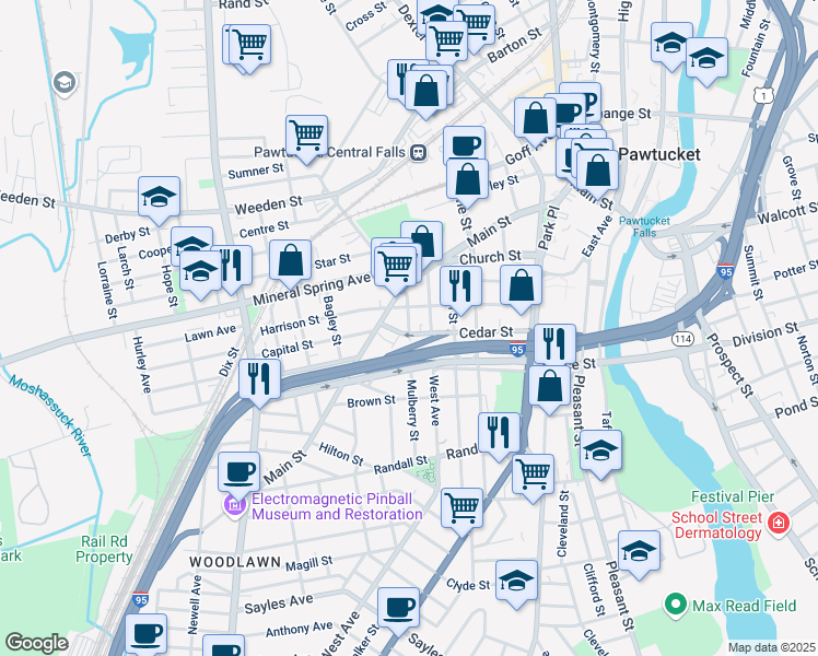 map of restaurants, bars, coffee shops, grocery stores, and more near 47 Mulberry Street in Pawtucket