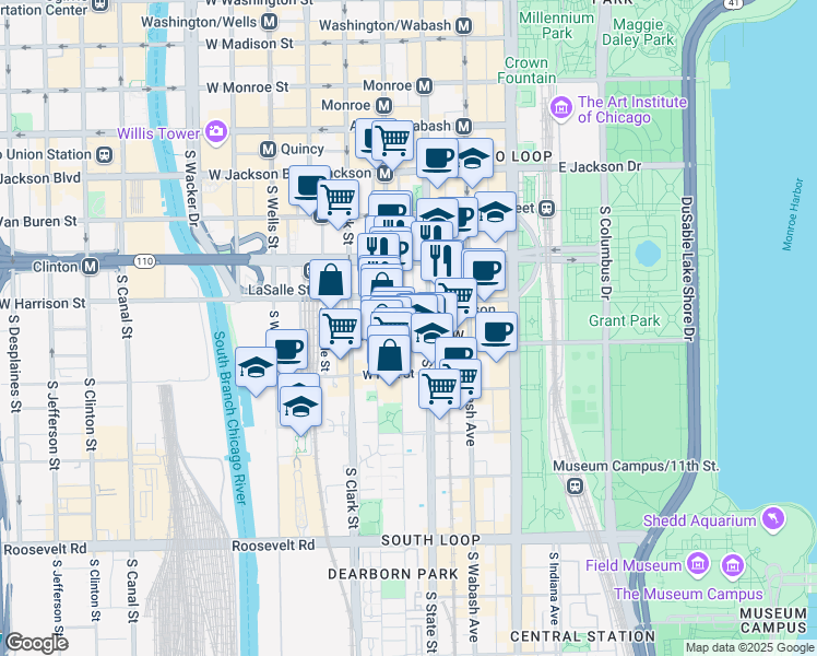 map of restaurants, bars, coffee shops, grocery stores, and more near 633 South Plymouth Court in Chicago