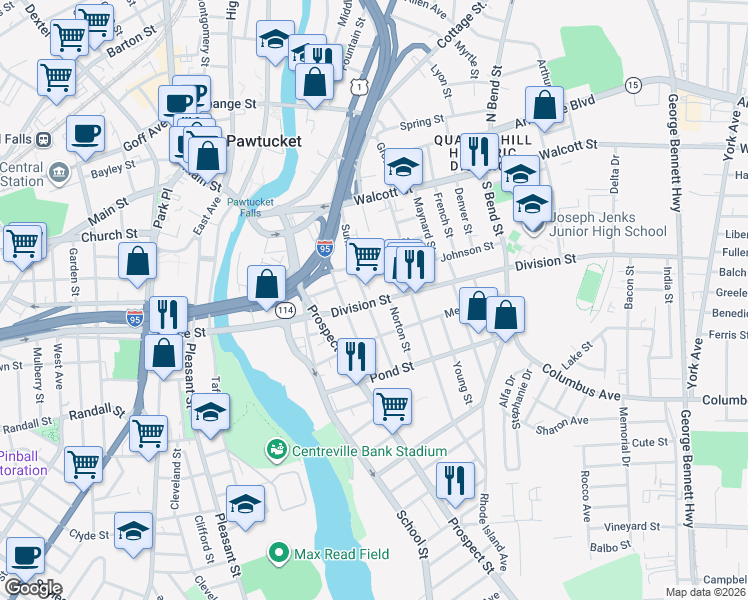 map of restaurants, bars, coffee shops, grocery stores, and more near 166 Division Street in Pawtucket