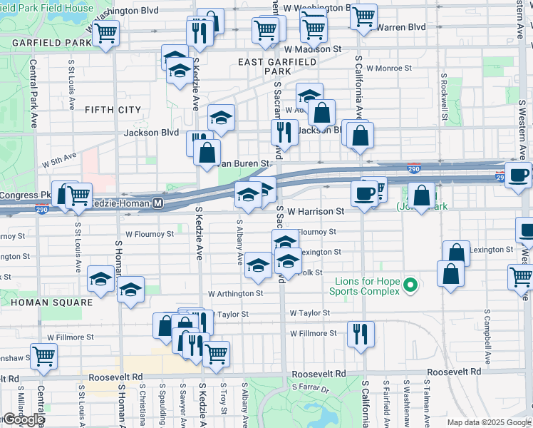 map of restaurants, bars, coffee shops, grocery stores, and more near 3030 West Harrison Street in Chicago