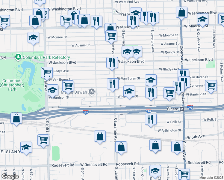 map of restaurants, bars, coffee shops, grocery stores, and more near 5128 West Congress Parkway in Chicago