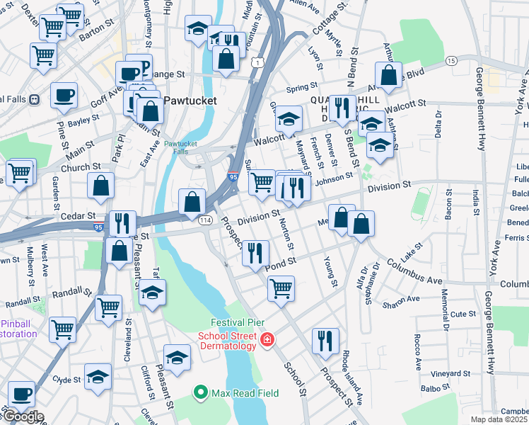 map of restaurants, bars, coffee shops, grocery stores, and more near 180 Division Street in Pawtucket