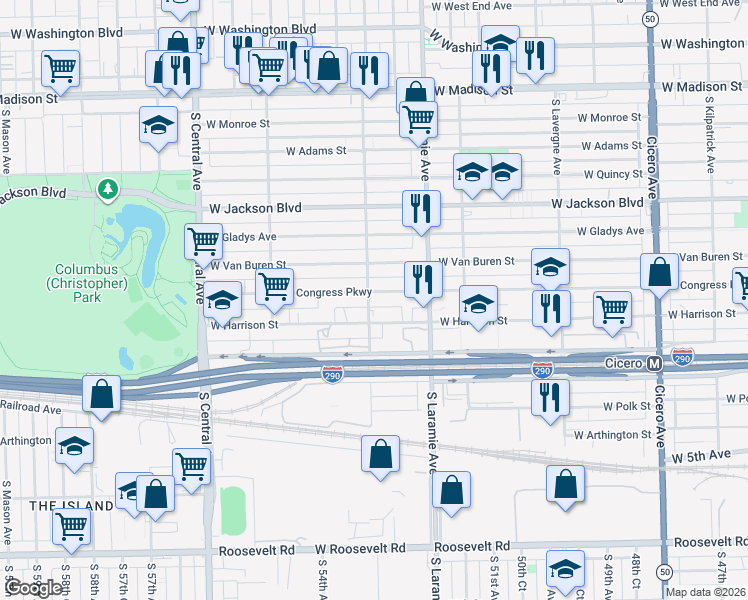 map of restaurants, bars, coffee shops, grocery stores, and more near 5300 West Congress Parkway in Chicago