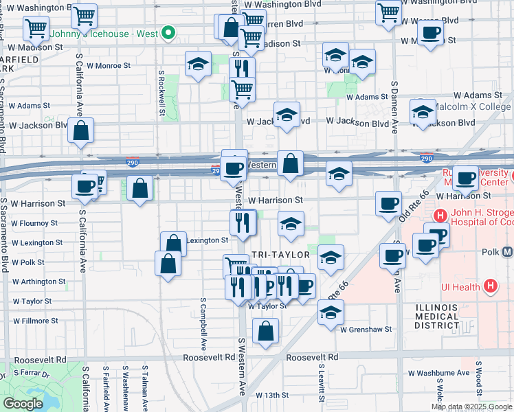 map of restaurants, bars, coffee shops, grocery stores, and more near 2333 West Harrison Street in Chicago