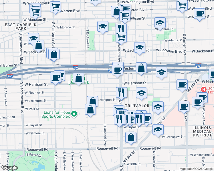 map of restaurants, bars, coffee shops, grocery stores, and more near 2451 West Harrison Street in Chicago