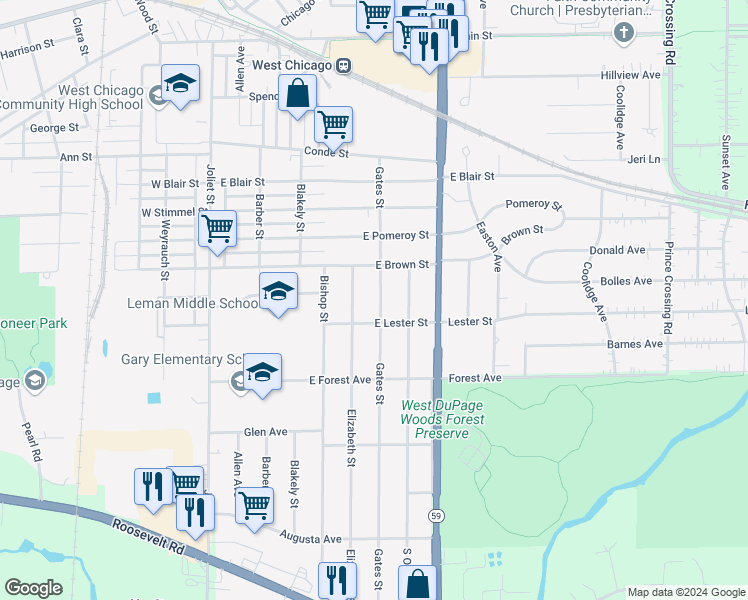 map of restaurants, bars, coffee shops, grocery stores, and more near 724 Gates Street in West Chicago