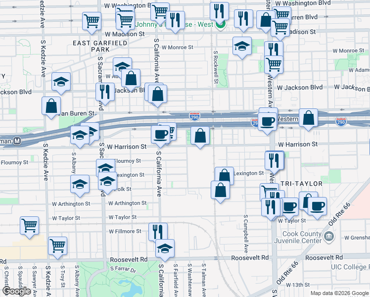 map of restaurants, bars, coffee shops, grocery stores, and more near 2701 West Harrison Street in Chicago