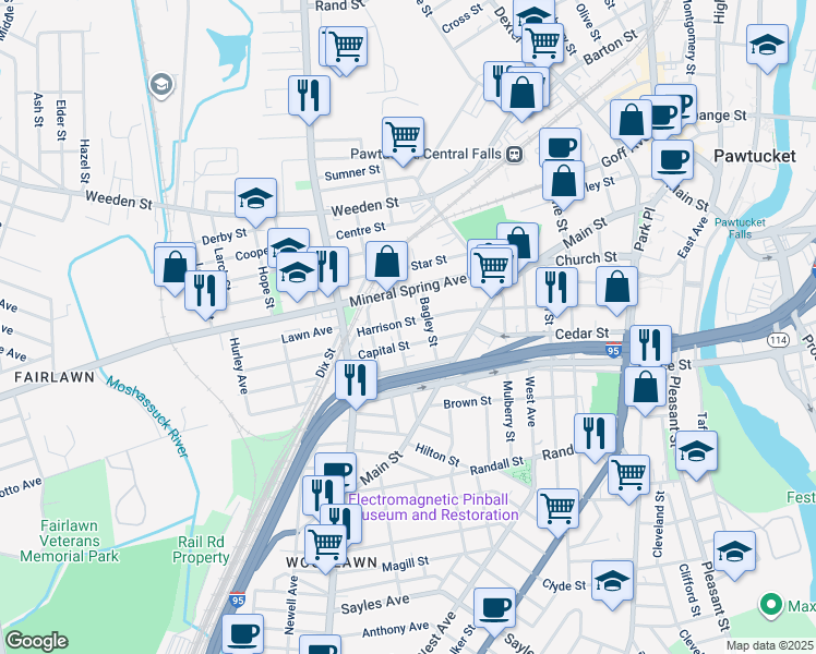 map of restaurants, bars, coffee shops, grocery stores, and more near 181 Harrison Street in Pawtucket