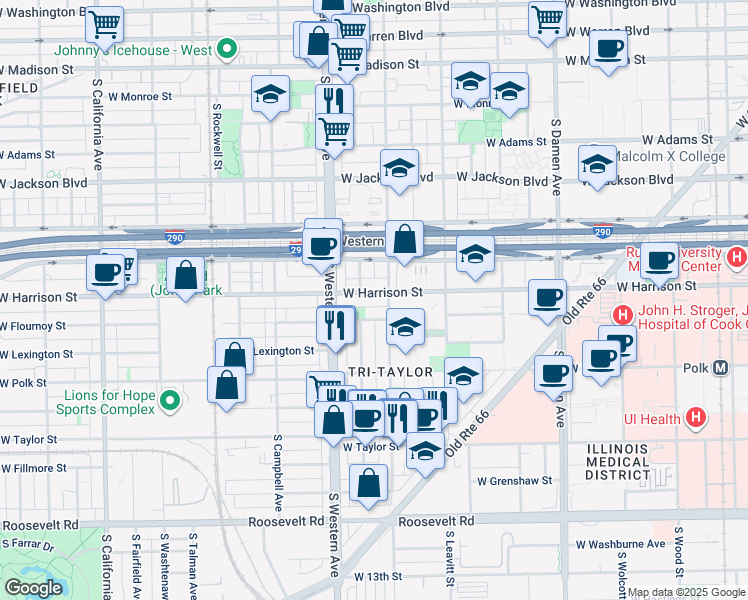 map of restaurants, bars, coffee shops, grocery stores, and more near 2304 West Harrison Street in Chicago