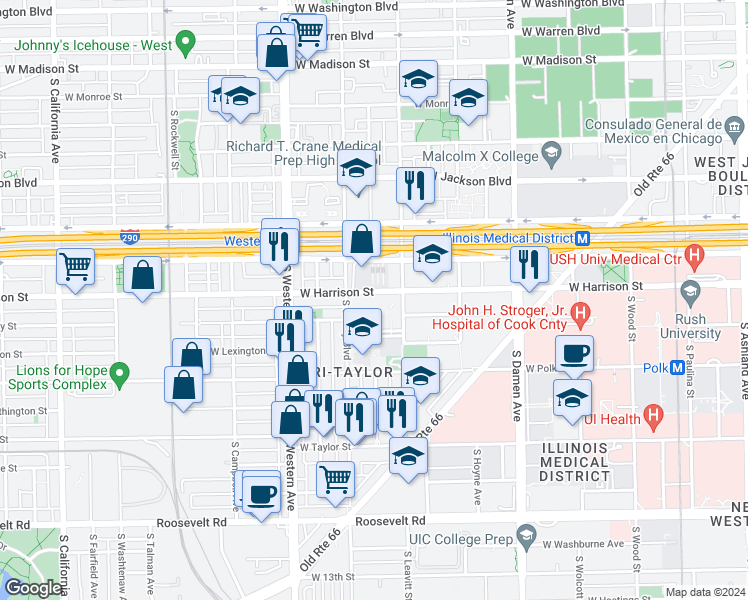 map of restaurants, bars, coffee shops, grocery stores, and more near 2200-2228 W Harrison St in Chicago