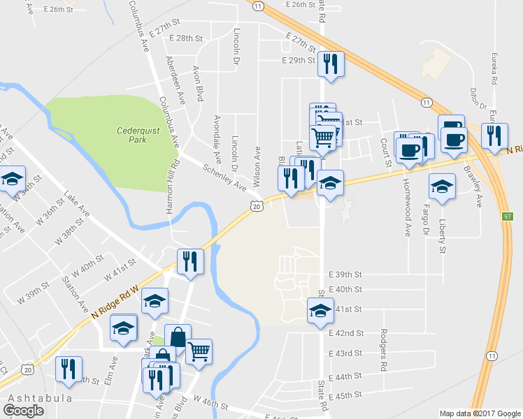 map of restaurants, bars, coffee shops, grocery stores, and more near 1602 East Prospect Road in Ashtabula