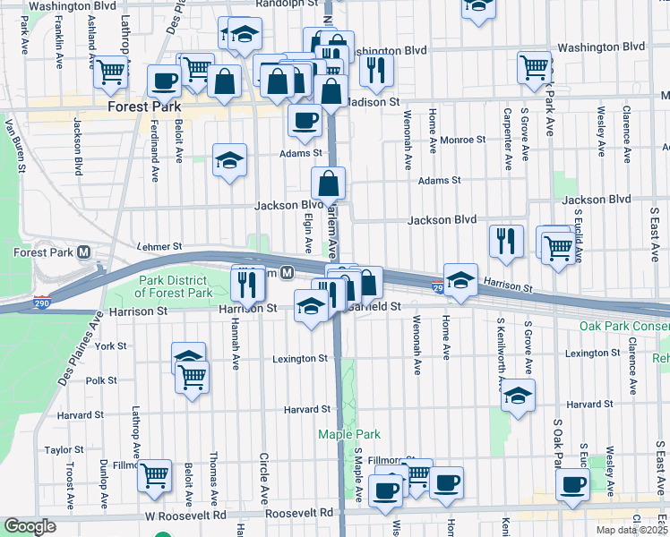map of restaurants, bars, coffee shops, grocery stores, and more near 479 S Harlem Ave in Oak Park