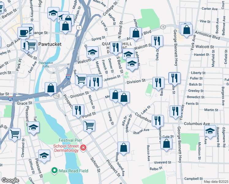 map of restaurants, bars, coffee shops, grocery stores, and more near 216 Meadow Street in Pawtucket