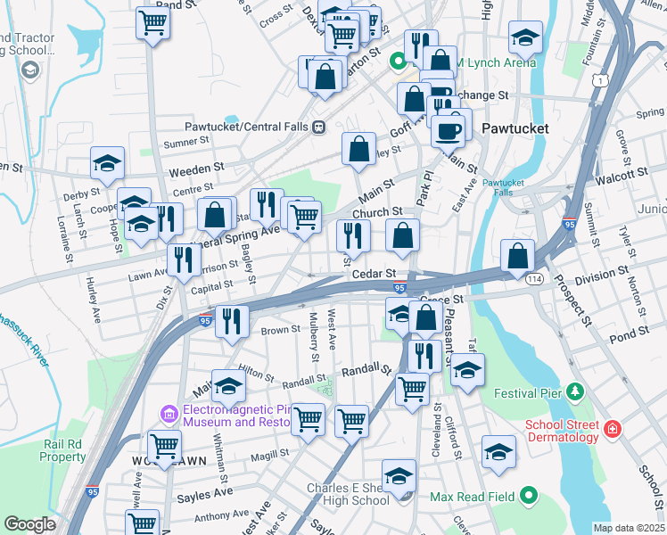 map of restaurants, bars, coffee shops, grocery stores, and more near 53 Garden Street in Pawtucket