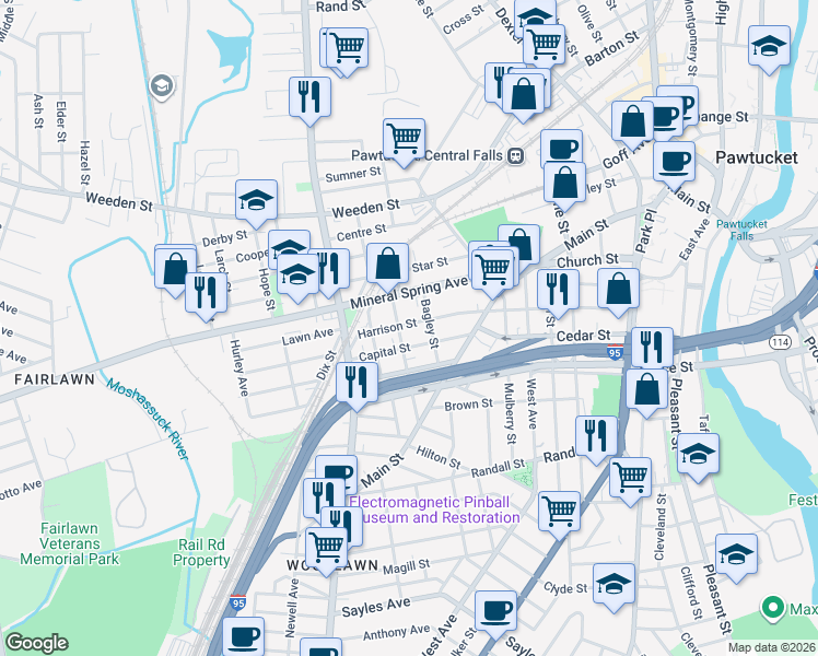 map of restaurants, bars, coffee shops, grocery stores, and more near 181 Harrison Street in Pawtucket
